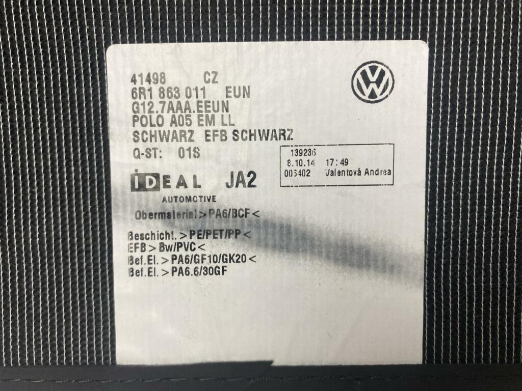 Afbeelding 3 van Mattenset Volkswagen Polo 6R 6C ZWART ORIGINEEL 6R1863011